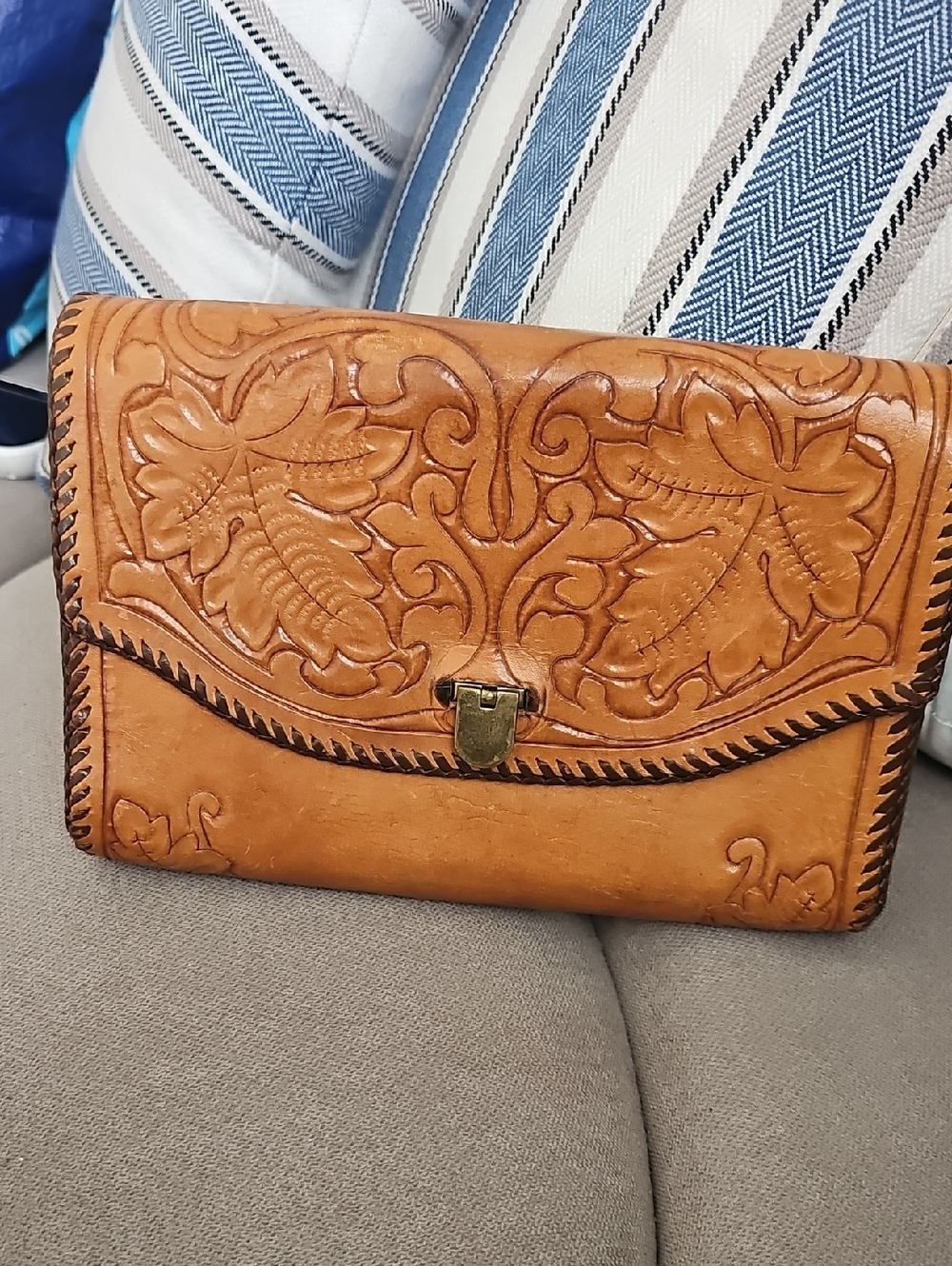 Hand-Tooled Tan Leather Clutch Purse, Strap Removed